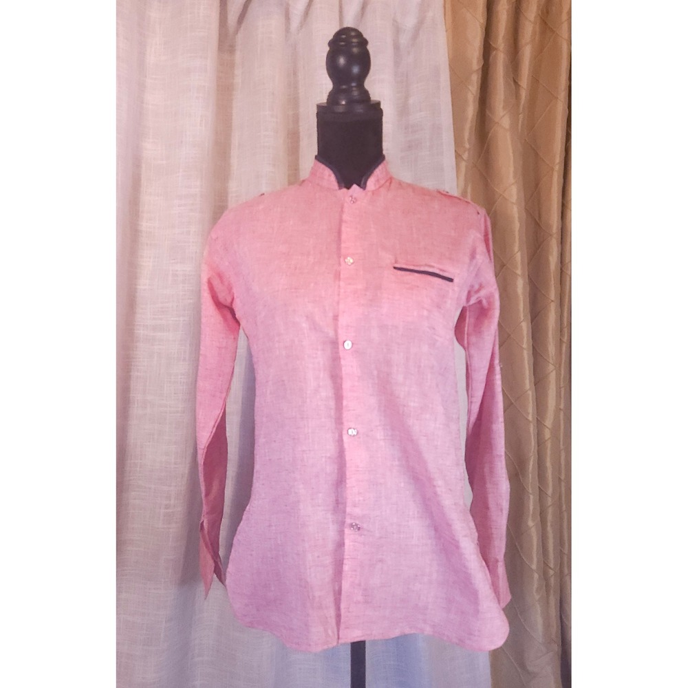 Pink-Red Linen Longsleeve with Mandarin Collar and Pearlescent Pink Buttons